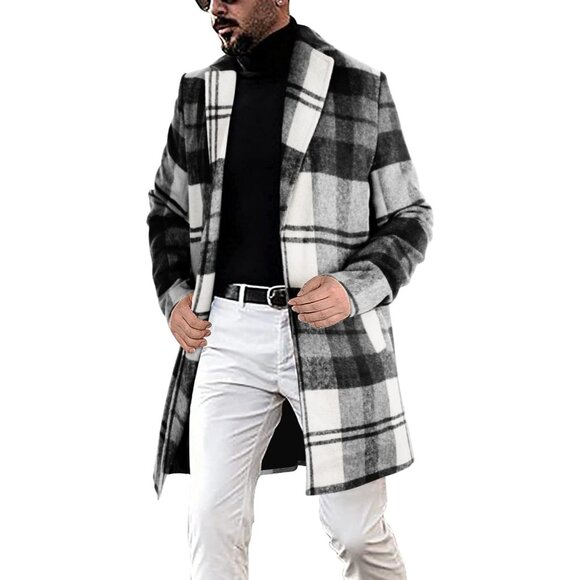 Other - Men's White-plaid  Casual Notched Plaid Single Breasted Wool Blend Formal Trench